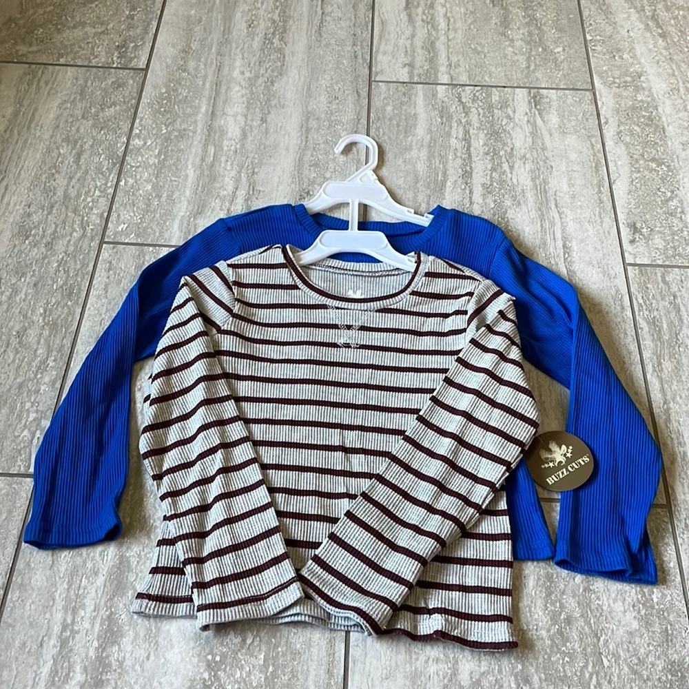 Buzz Cuts Bundle of 2 long sleeve t- shirts, Tan with Stripes and Blue - size 7